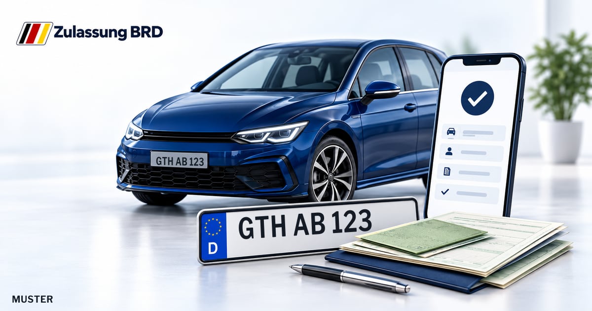 Online Fahrzeugzulassung in Landkreis Gotha: Musterkennzeichen GTH AB 123, Auto und Fahrzeugpapiere und Smartphone. Illustration mit Logo von Zulassung BRD.
